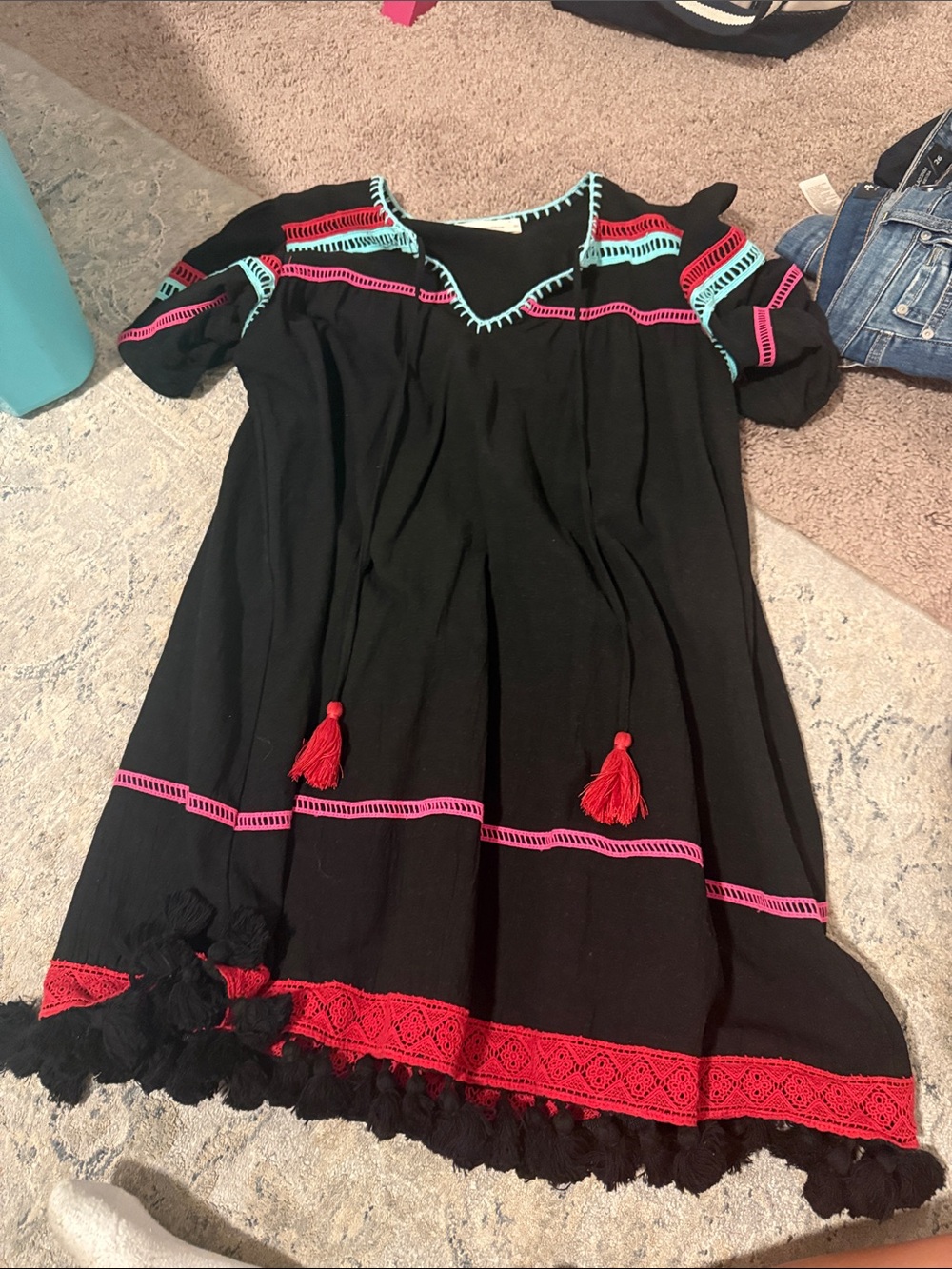The Impeccable Pig Black Dress with Pink, Teal & Red Accents